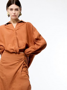 Ariette Linen Blend Long Sleeve Tuck Shirt Coffee Brown | Women French Connection Shirts