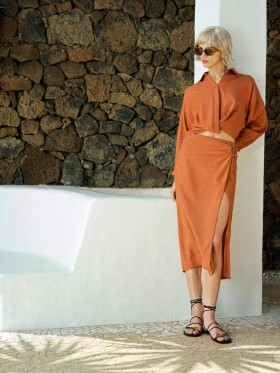 Ariette Linen Blend Slit Midi Skirt Coffee Brown | Women French Connection Skirts