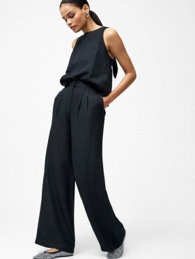 Birdie Linen Wide Leg Trousers Black | Women French Connection Trousers