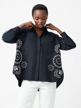 Cambria Cotton Embroidered Button Up Shirt Black/cream | Women French Connection Shirts