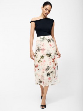 Candice Satin Georgette Overlay Midi Skirt Cream/scarlet Red Multi | Women French Connection Skirts