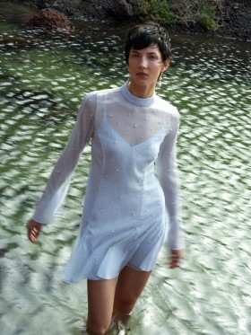 Elizabeth Chiffon Faux Pearl Mini Dress Powder Blue | Women French Connection Dresses