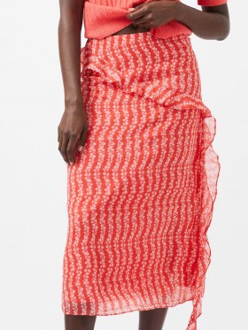 Frances Recycled Crinkle Ruffle Midi Skirt Cayenne Red/white | Women French Connection Skirts