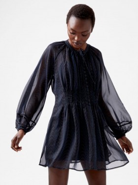 Gúna Mini Rufáilte Muinchille Fada Grace Artemis Gorm Dubh/cróimiam | Gúnaí do Mhná French Connection