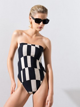 チェック柄バンドゥ水着 ブラック ホワイト | レディース フレンチコネクション スイムウェア