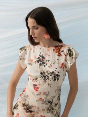 Vestido Candice con sobrecapa de satén georgette, color crema/rojo escarlata multicolor | Vestidos French Connection para mujer