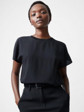  Top negro de cuello redondo Caprina de crepé reciclado | Tops de mujer French Connection