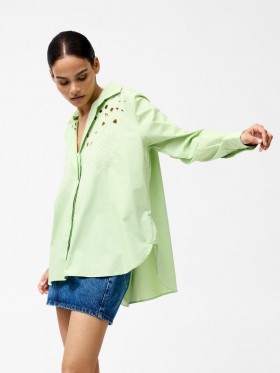 قميص كامبريا قطني مطرز بأكمام طويلة، أخضر تفاحي | بلوزات نسائية من فرينش كونيكشن