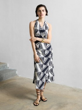  Dámské midi šaty Ariette ze směsi lnu, crossover, černé/krémové | Šaty French Connection