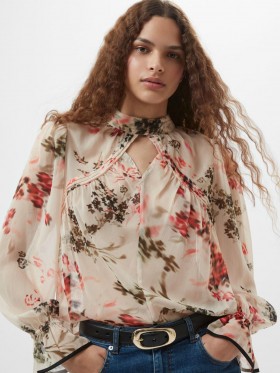 Hallie Crinkle Contrast Floral Top Cream/Scarlet Red Multi | Dámské halenky French Connection