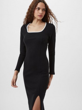  Dámské žebrované midi šaty Rassia s hranatým výstřihem, černé/porcelánové, krémové | Šaty French Connection