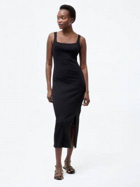 Černé žebrované midi šaty s hranatým výstřihem a přiléhavým výstřihem | Dámské šaty French Connection