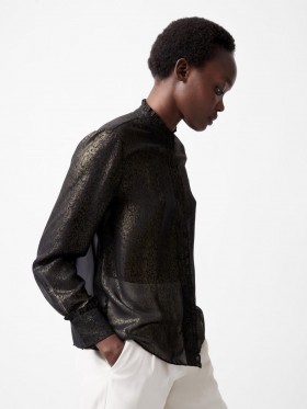  Alina Foil Georgette Frilled Langærmet Top Sort/bronze | Dame Toppe fra French Connection