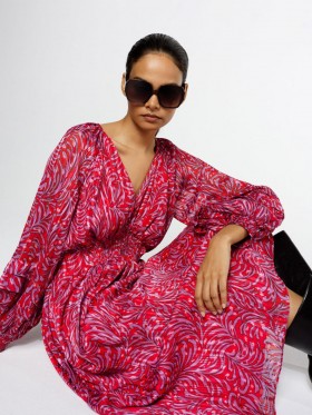 Amy Callista Printed Long Sleeve Midi Dress Scarlet Red Multi | Dame French Connection Kjoler