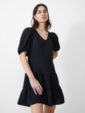  Robe mini froissée à volants en V noire | Robes French Connection pour femmes